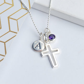 Girl's Sterling Silver Cross Necklace with A Initial Disc and February Amethyst birth stone close up