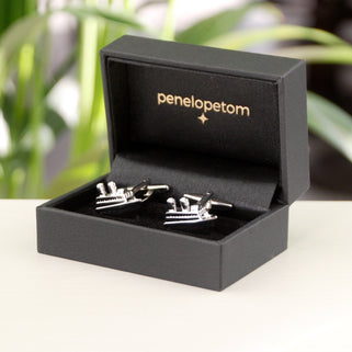Cruise Ship Cufflinks shown in black Penelopetom cufflinks box