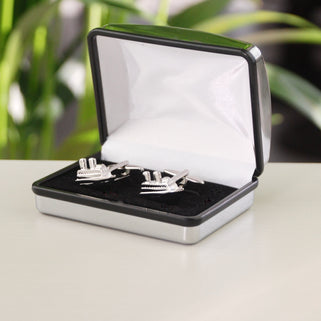 Cruise Ship Cufflinks shown in silver chrome rectangle cufflinks box