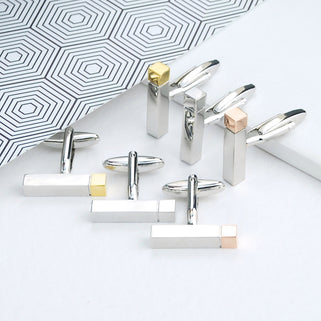 Silver cuboid Cufflinks shown with silver, gold and rose gold tips