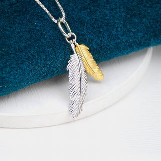 Personalised Sterling Silver and Gold Vermeil Curved Double Feather Necklace