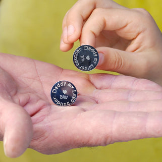 Personalised daddy my hero cufflinks with "Billy heart, Daddy my lego builder" engraved on one and "Iris heart, Daddy my spider catcher" engraved on the other.