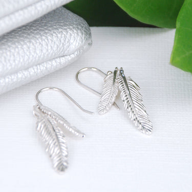 Sterling Silver Curved Double Feather Drop Earrings