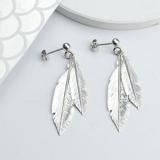 Sterling Silver Double Feather Drop Earrings