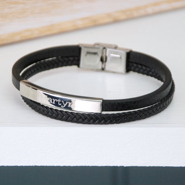 Personalised Men's Black Leather Sliding Bar Bracelet