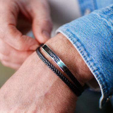 Personalised Men's Black Leather Sliding Bar Bracelet