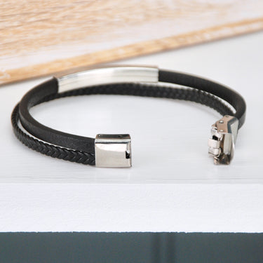 Personalised Men's Black Leather Sliding Bar Bracelet