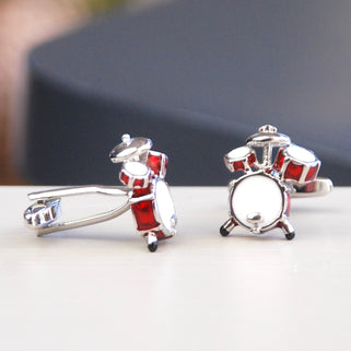 Red Drum Kit Cufflinks shown in close up shot