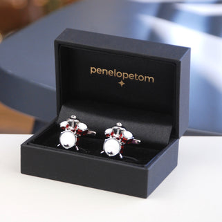 Red Drum Kit Cufflinks shown in black Penelopetom cufflinks box