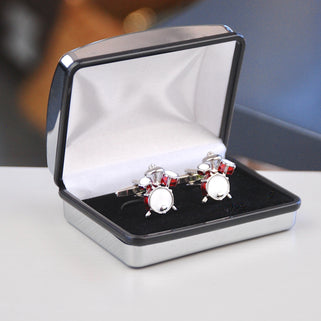 Red Drum Kit Cufflinks shown in silver chrome rectangle cufflinks box