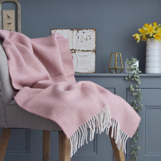 Herringbone Wool Throw Dusky Pink and Pearl