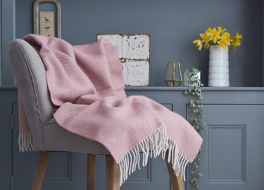 Herringbone Wool Throw Dusky Pink and Pearl