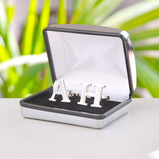 Personalised alphabet cufflinks in "A" and "H" in silver chrome penelopetom cufflinks box