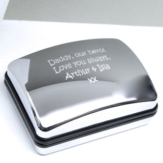 Rectangle silver chrome cufflinks box with "Daddy, our hero! Love you always, Arthur & Isla xx" shown in close up shot.
