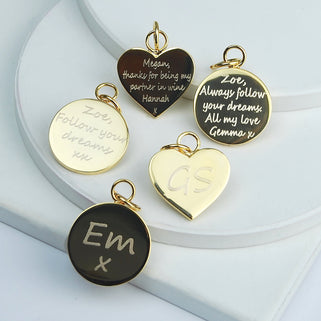 Gold Bag Disc Charms, circle and hearts engraved with personalised messages