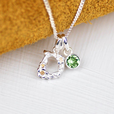 Sterling Silver Flower Initial Birthstone Necklace
