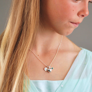 Sterling Silver Heart Necklace with V Initial disc and birth stone shown on model