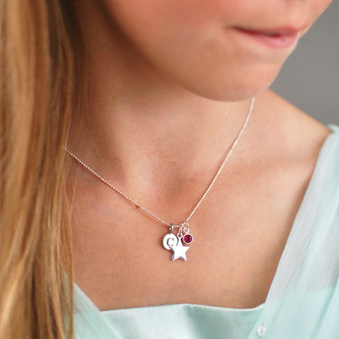 Sterling Silver Star Necklace with Initial C Disc and July ruby  birthstone charm