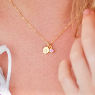Gold Vermeil Mini Initial A  and June/ Alexandrite Birthstone Necklace shown on model