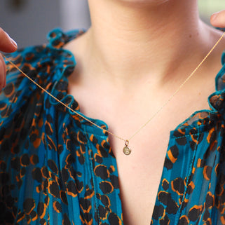 Personalised Gold Vermeil Initial B Disc Necklace shown on model close up