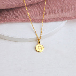 Personalised Gold Vermeil Initial B Disc Necklace shown close up 