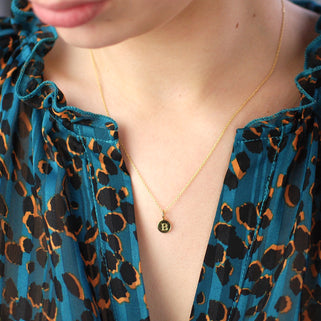 Personalised Gold Vermeil Initial B Disc Necklace shown on model close up
