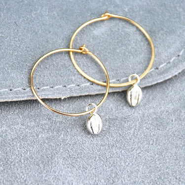 Sterling Silver and Gold Vermeil Cowrie Shell Drop Hoop Earrings