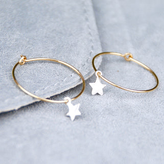 Hand Crafted Sterling Silver Star and Gold Vermeil Drop Hoop Earrings