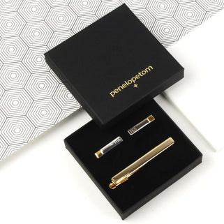 Tie slide and cuffinks set in black Penelopetom gift box.
