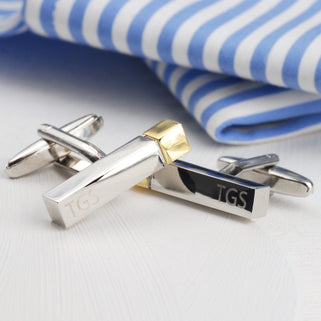 Silver initial bar cufflinks with gold tips and personalised initials "TGS" engraved at each end, shown in close up shot