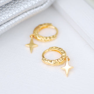 18ct Gold Textured Hoop and Star Huggie Earrings