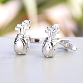 Silver golf club cufflinks shown in close up shot