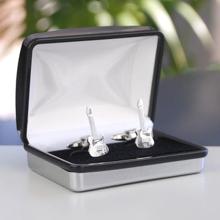 Electric guitar cufflinks shown in silver rectangle cufflinks box