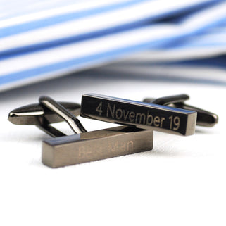 Gunmetal cufflinks with "Best Man" engraved on left cufflink and "4 November 19" engraved on right cufflink" shown in close up shot