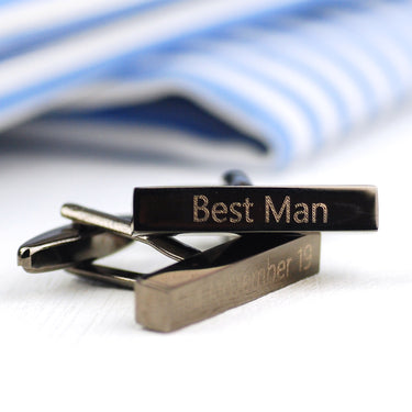 Gunmetal bar cufflinks with personalised 