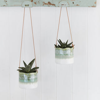 Wave Green and White Hanging Plant Pot