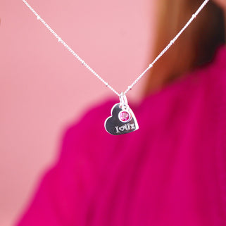 Personalised Heart and Birthstone Necklace with "I Heart U X" Engraved on Silver Heart and October/Tourmaline Birthstone