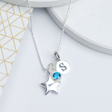 Sterling Silver Star Necklace with Initial S Disc and December Blue Topaz birthstone charm