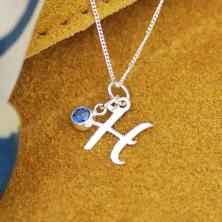 Sterling Silver Script Initial Necklace with Birthstone
