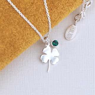 Lucky Clover Charm Necklace with May/Emerald birthstone charm close up