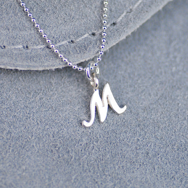 Sterling Silver Personalised M Script Initial Necklace Close Up