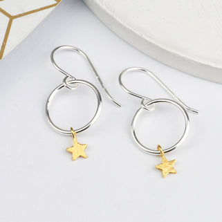 Tiny Sterling Silver Hoop and Gold Vermeil Star Drop Earrings