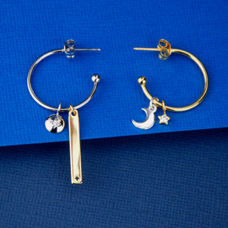 Mismatched Moon and Star Charm Hoop Earrings