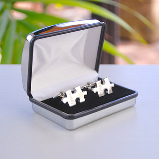 Personalised 'Missing Piece' Jigsaw Cufflinks shown in silver chrome penelopetom cufflinks box