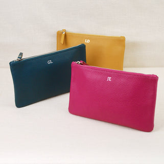 Personalised Monogram Small Leather Cosmetics Bag shown in mustard, navy and fuchsia