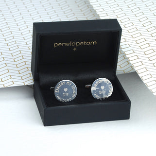 Daddy my hero cufflinks shown in black Penelopetom cufflinks box.