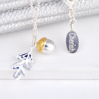 Personalised Sterling Silver and Gold Vermeil Oak Leaf and Acorn Necklace