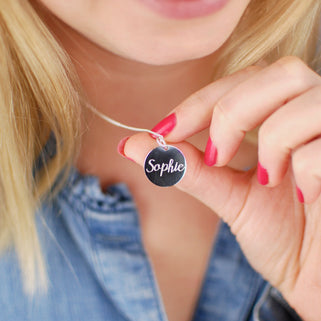Necklace with personalised name "Sophie" engraved on silver circle disc