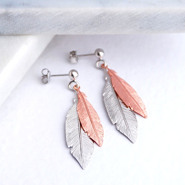 Sterling Silver and Rose Gold Vermeil Feather Earrings
