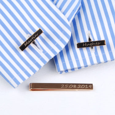 Personalised Rose Gold Coloured Tie Slide and Bar Cufflinks Set